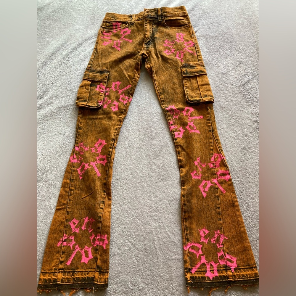 Women’s Flare Cargo Jeans with Pink Graphic Print